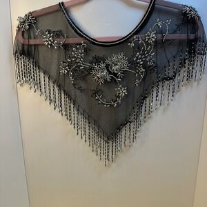 Vintage Black Mesh Beaded Capelet Silver Floral Fringe Evening Shrug Wrap